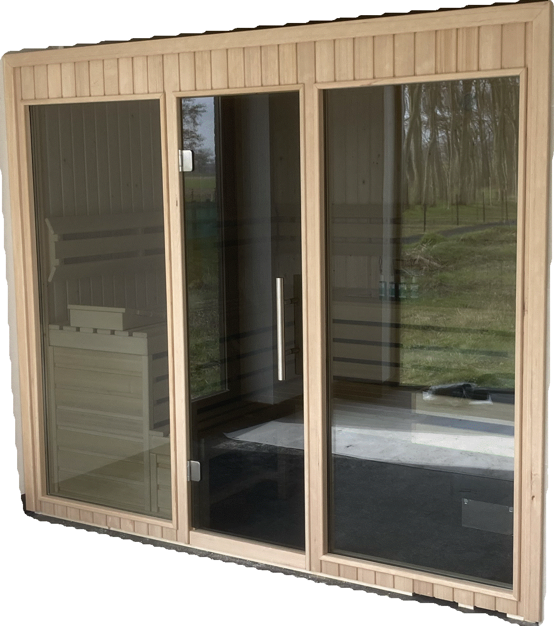 Maatwerk sauna met glas en Hemlock hout